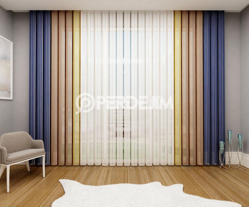 Dark Blue & Brown & Mustard Vertical Tulle Curtain